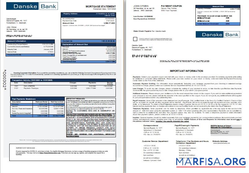 Downloadable Denmark Danskebank bank mortgage statement, 3 pages, 1 2 scr template